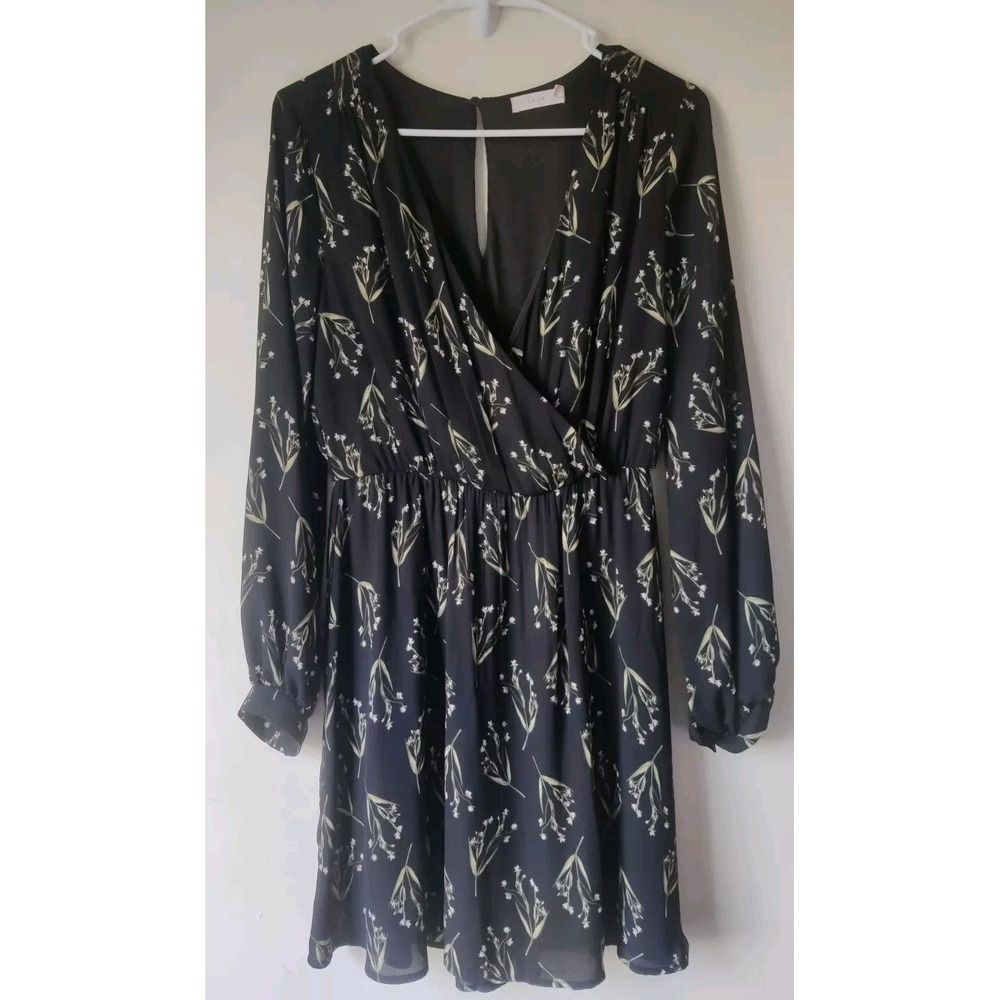 Lush Dress Long Sleeve Black Floral V-Neck Elastic Waist Balloon Sleeves